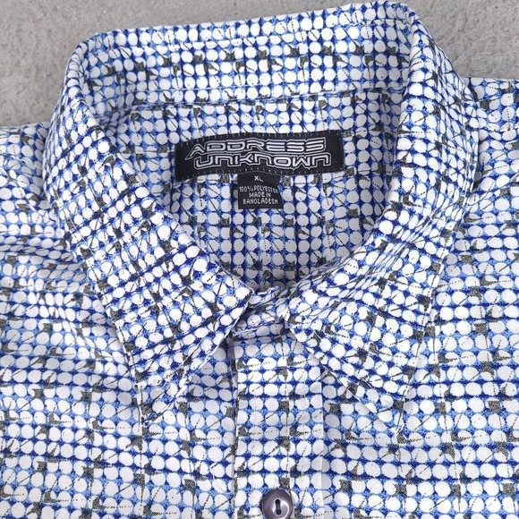 Address Unknown Shirt Mens XL White Blue Geometric Print Short Sleeve Button Up - Picture 4 of 12